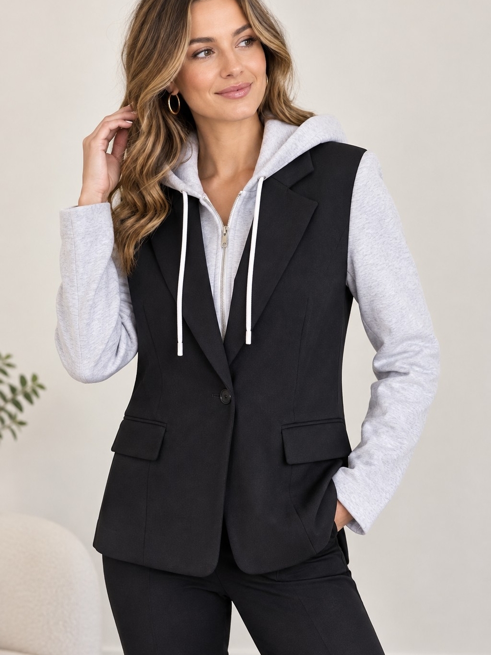 Women's Black Blazer with Light Gray Removable Hoodie And Matching Sleeves